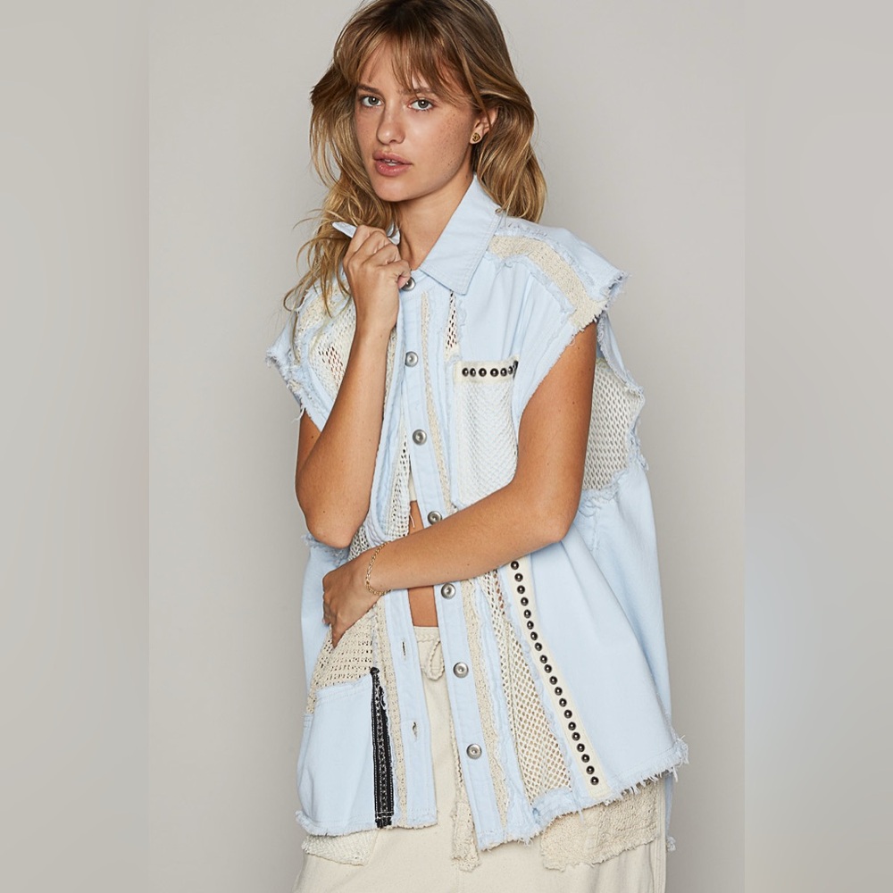 POL Light Blue Sleeveless Jacket with Cream Accents